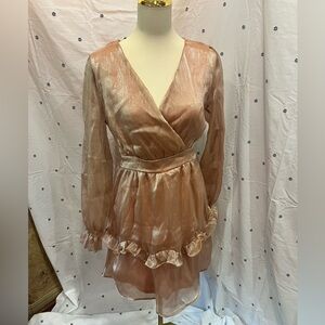 Charmed Hearts pink shimmer dress- size large- sheer sleeves and tie back